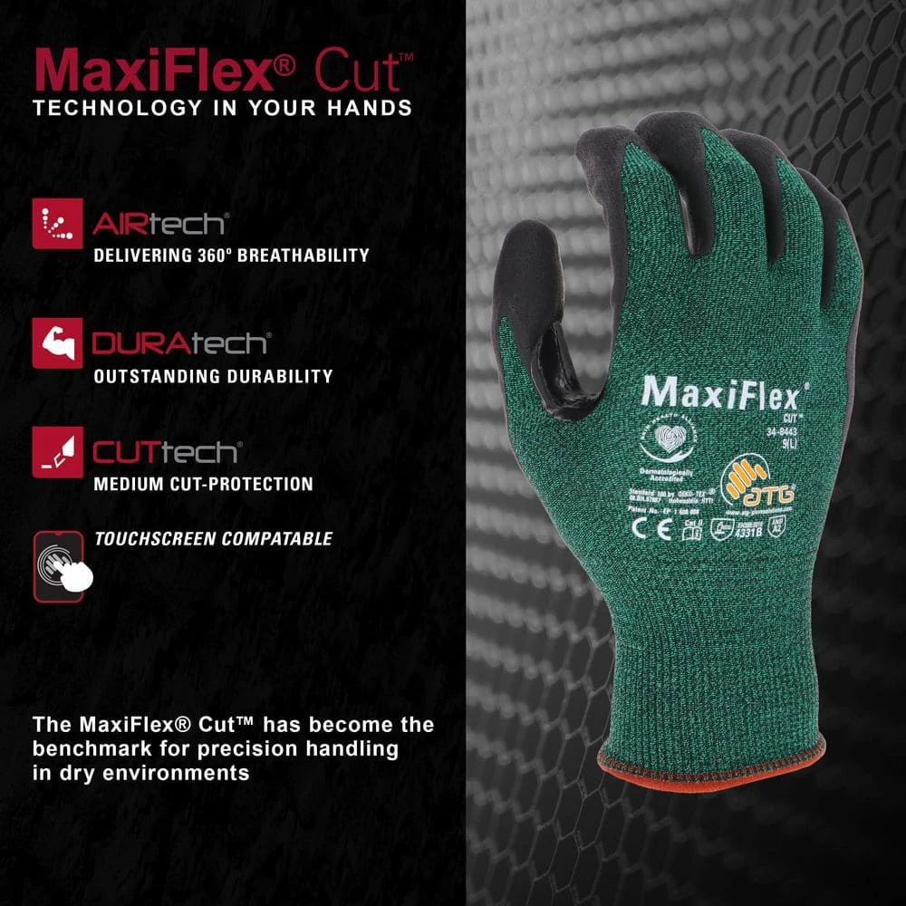 MaxiFlex Cut Men's Large Green ANSI 2 Abrasion Resistant Nitrile-Coated Work Gloves 9 MaxiFlex Cut Men's Large Green ANSI 2 Abrasion Resistant Nitrile-Coated Work Gloves - Image 7