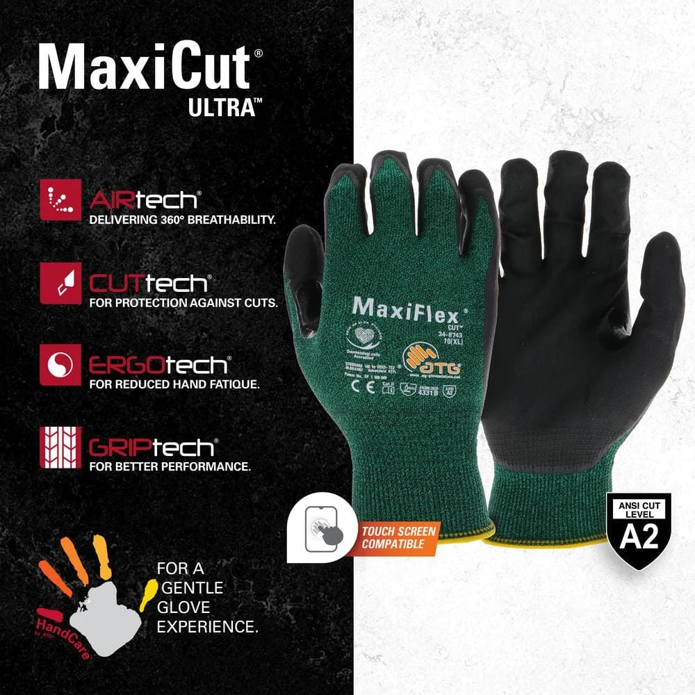MaxiFlex Cut Men's Large Green ANSI 2-Premium Nitrile-Coated Outdoor And Work Gloves With Touchscreen (3-Pack) 5 MaxiFlex Cut Men's Large Green ANSI 2-Premium Nitrile-Coated Outdoor And Work Gloves With Touchscreen (3-Pack) - Image 3